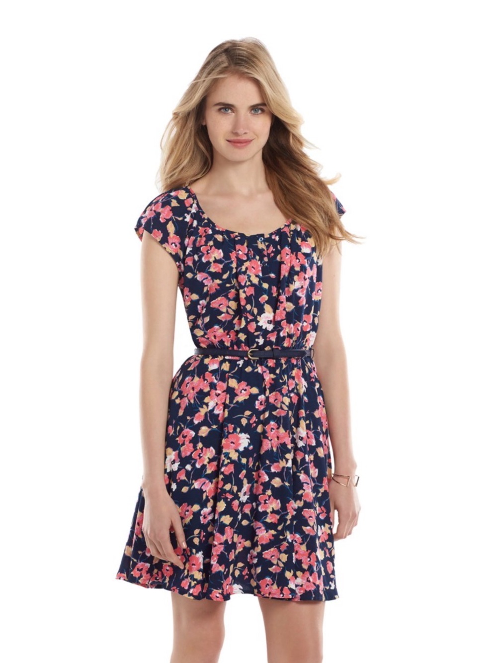 LC Lauren Conrad 💙🩷 NAVY FLORAL CAP-SLEEVE BELTED MINI DRESS SIZE SMALL🌟NWT🌟